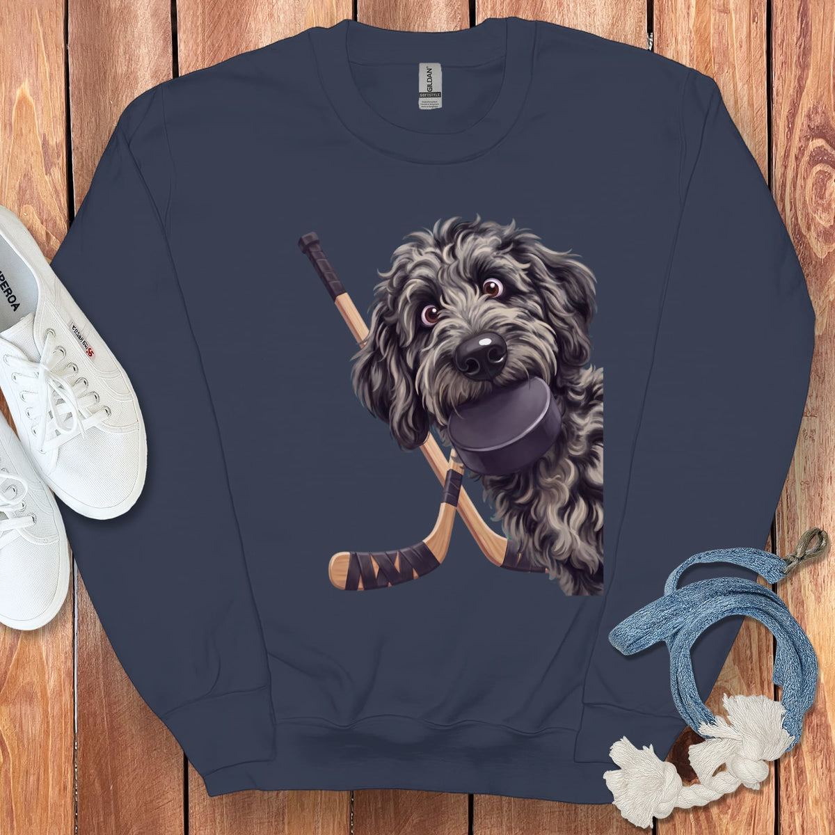 Merle Goldendoodle Hockey Sweatshirt in Navy / S by Puppy Jo