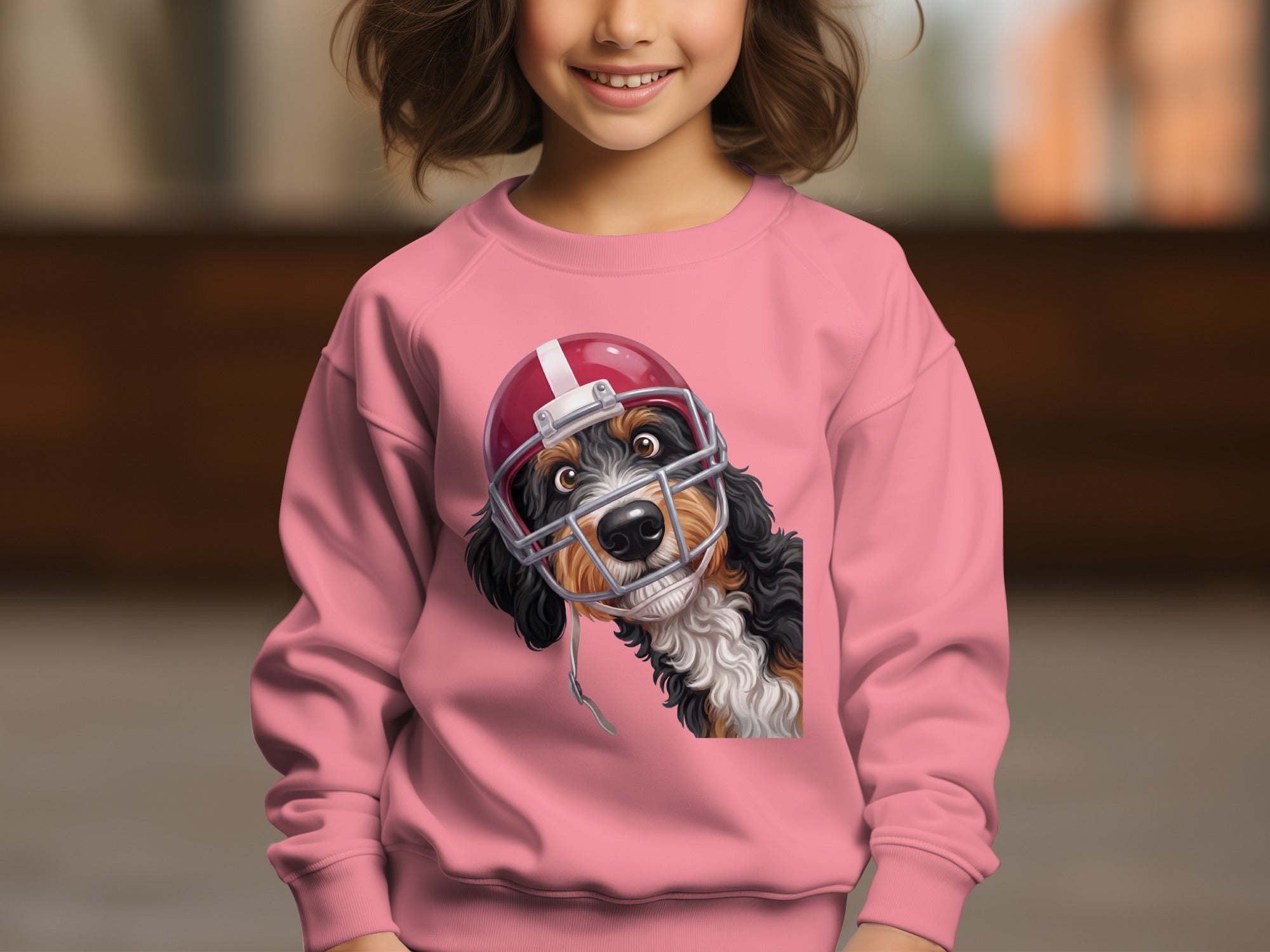 Bernese mountain dog wearing a football helmet graphic on a pink sweatshirt.