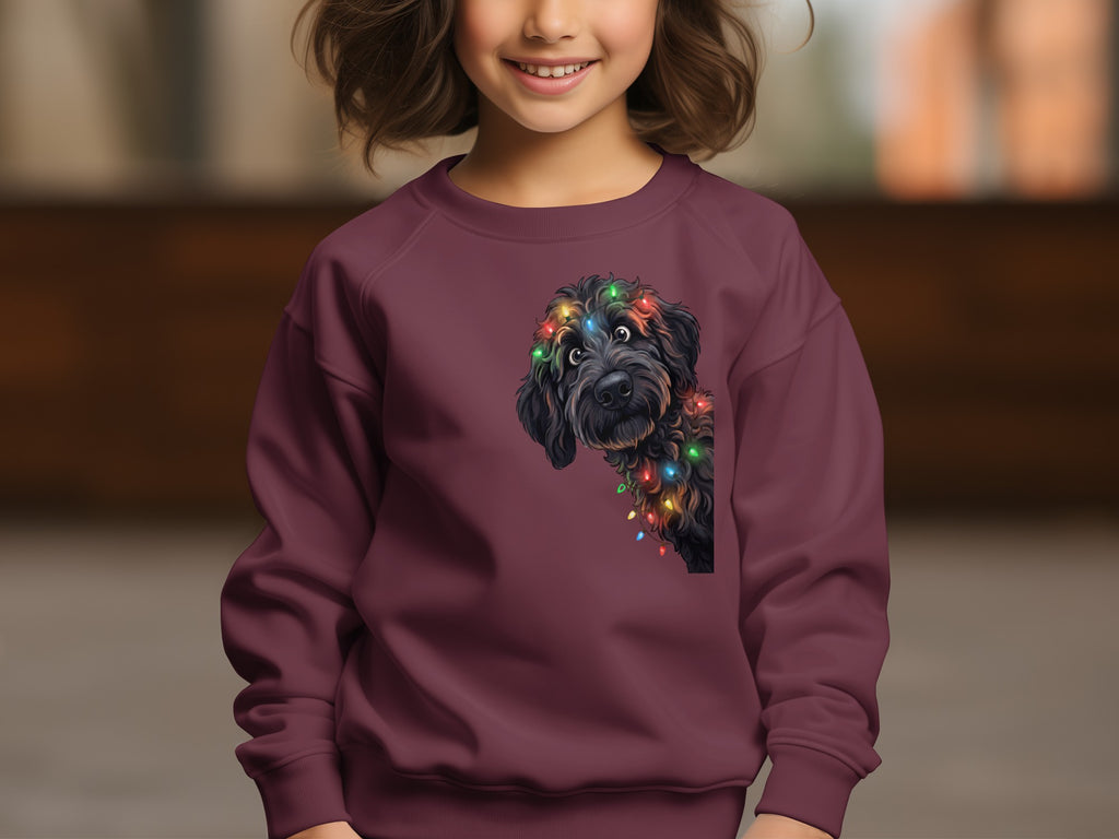 Child wearing maroon sweatshirt with a black dog wearing colorful Christmas lights printed on front.