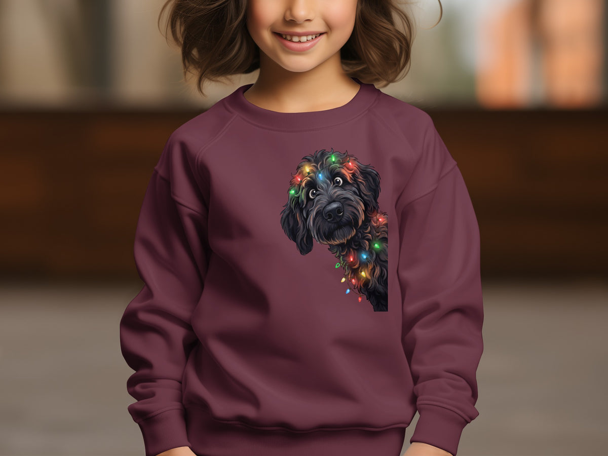 Child wearing maroon sweatshirt with a black dog wearing colorful Christmas lights printed on front.
