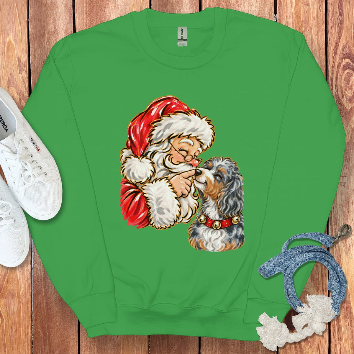 Aussiedoodle Santa Kiss Sweatshirt in Irish Green / S by Puppy Jo
