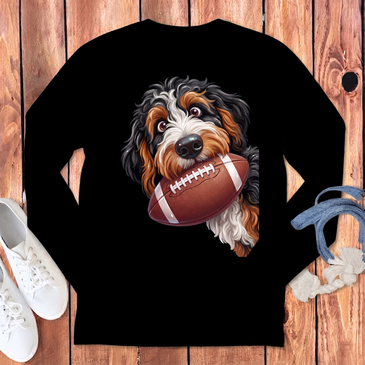 Bernese Mountain Dog holding an American football on a black shirt.