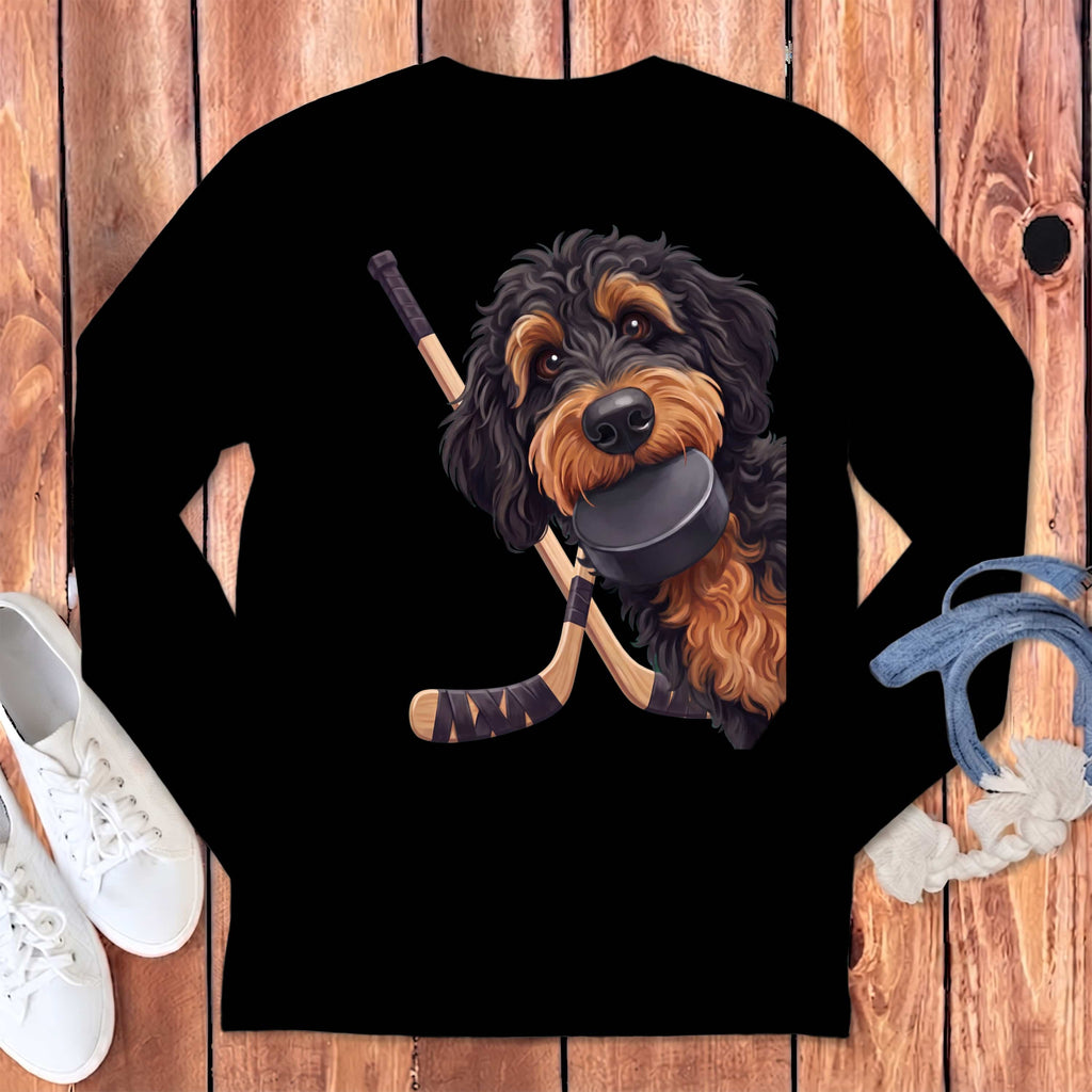 Phantom Goldendoodle Hockey Long Sleeve T-Shirt in Black / S by Puppy Jo