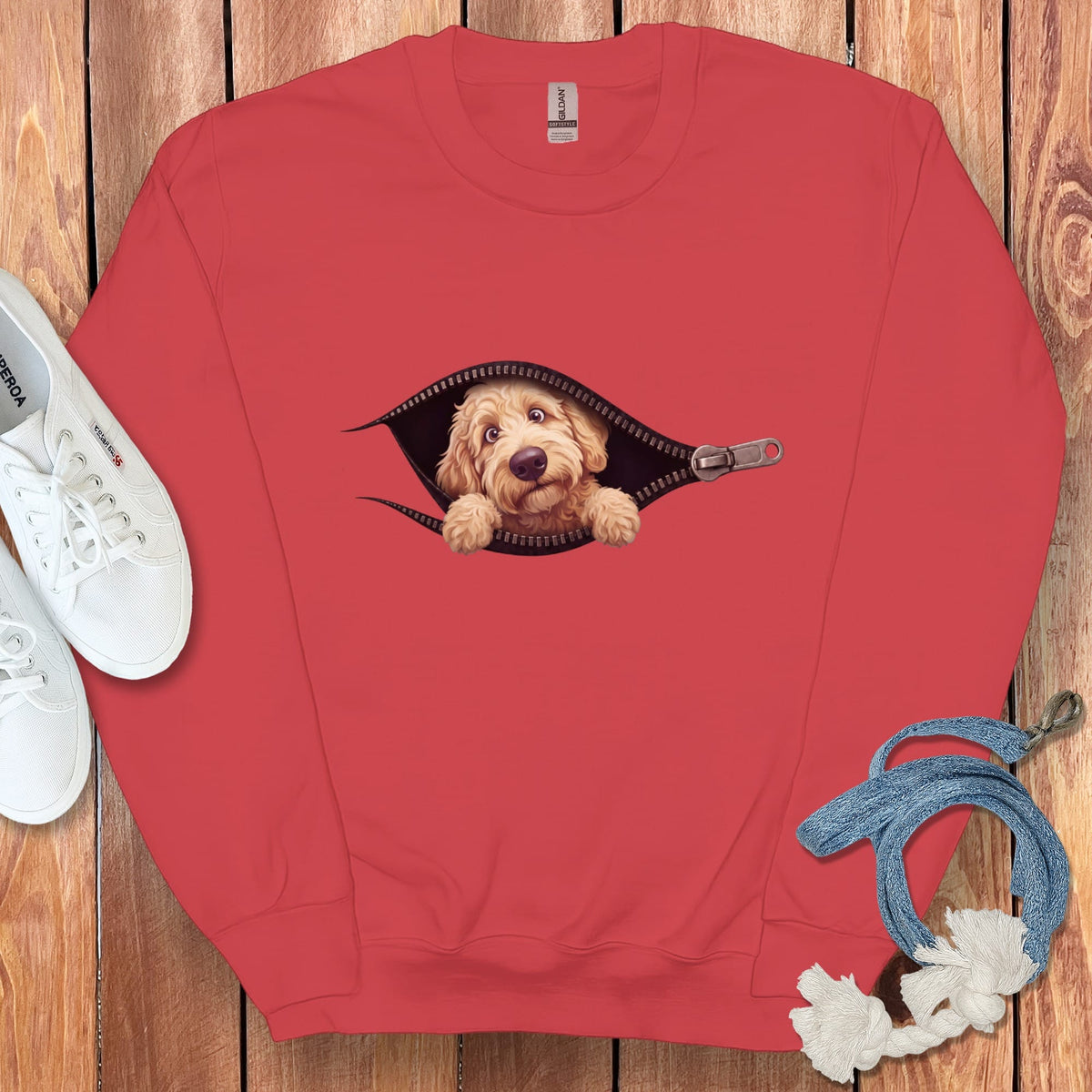 Cream Goldendoodle Peeking Zipper Sweatshirt in Red / S by Puppy Jo