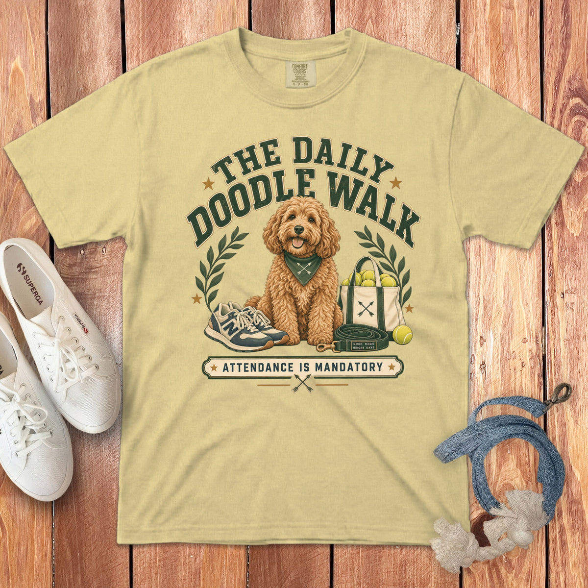 Light yellow t-shirt with a doodle dog graphic and text "The Daily Doodle Walk Attendance Is Mandatory."