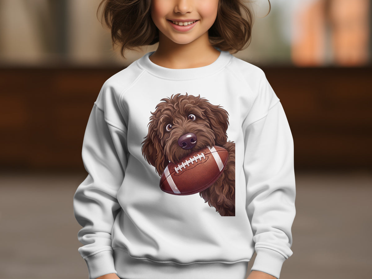 White sweatshirt with brown doodle dog holding a football on front.