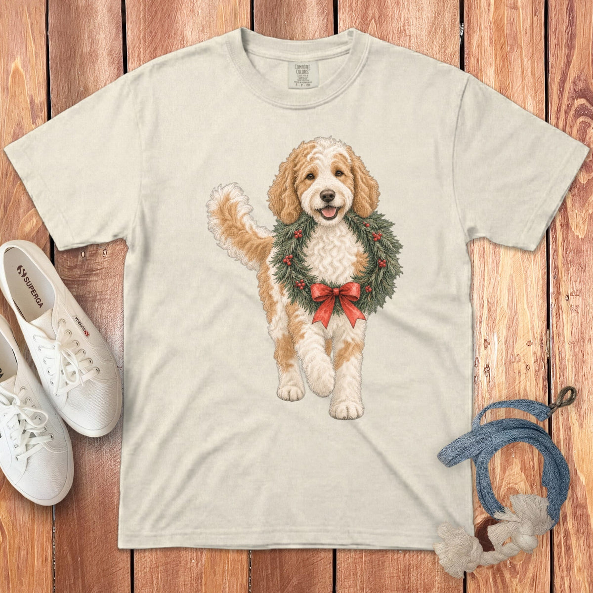 Parti Goldendoodle Wreath Signature T-Shirt in Ivory / S by Puppy Jo