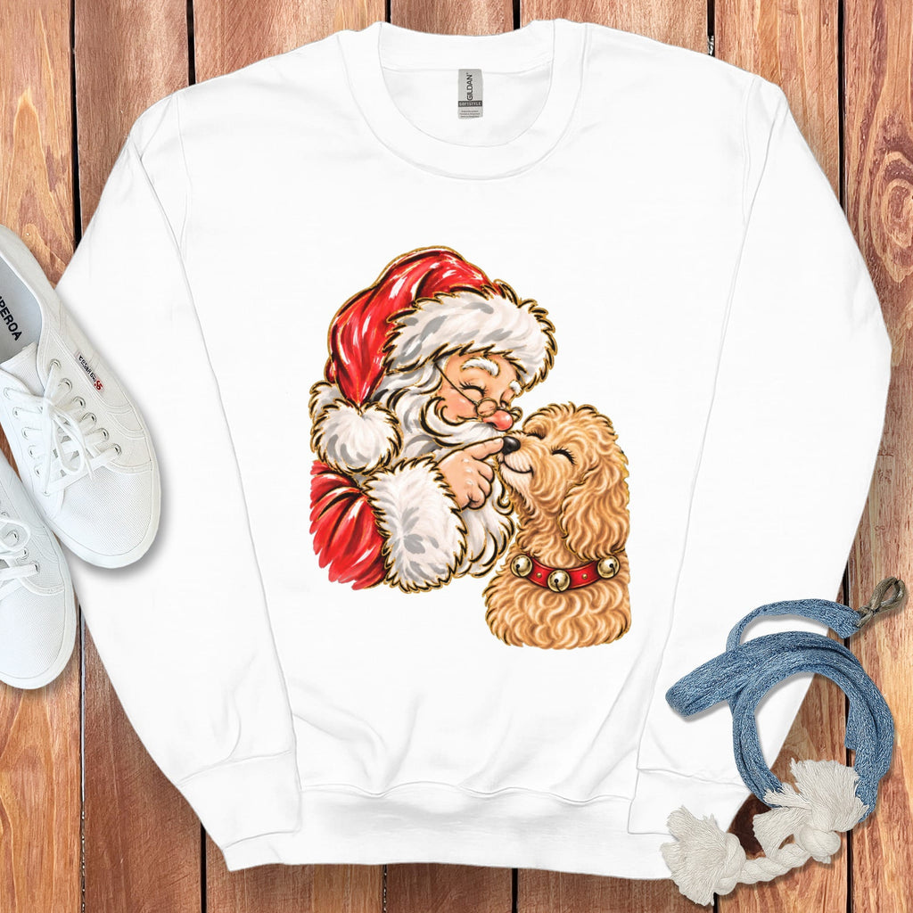 Apricot Goldendoodle Santa Kiss Sweatshirt in White / S by Puppy Jo