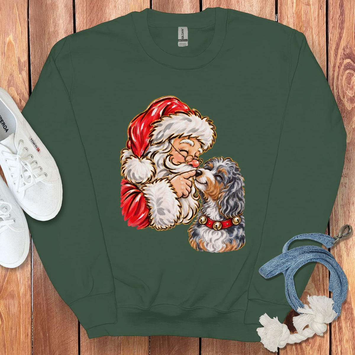 Aussiedoodle Santa Kiss Sweatshirt in Forest Green / S by Puppy Jo