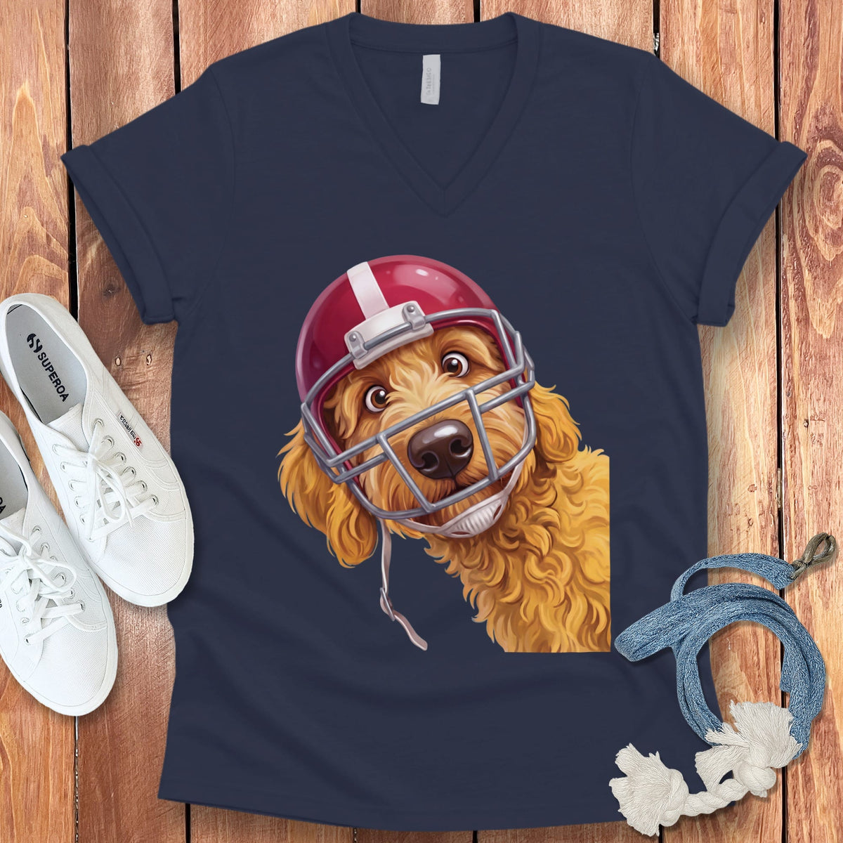 Golden Goldendoodle Football Helmet V-Neck T-Shirt in Navy / S by Puppy Jo