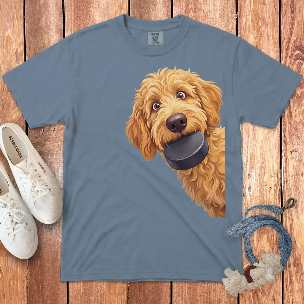 Golden Goldendoodle Hockey Puck Signature T-Shirt in Blue Jean / S by Puppy Jo