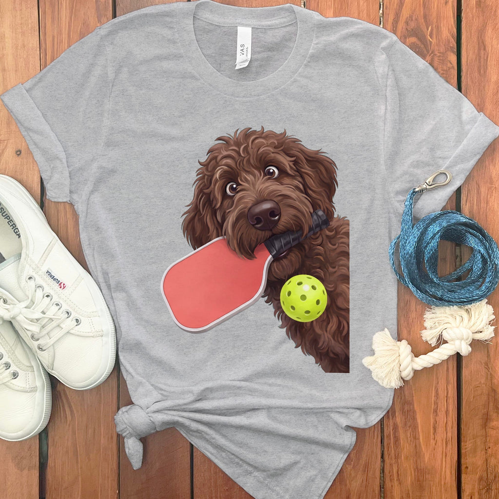 Chocolate Goldendoodle Pickleball T-Shirt in Athletic Heather / S by Puppy Jo