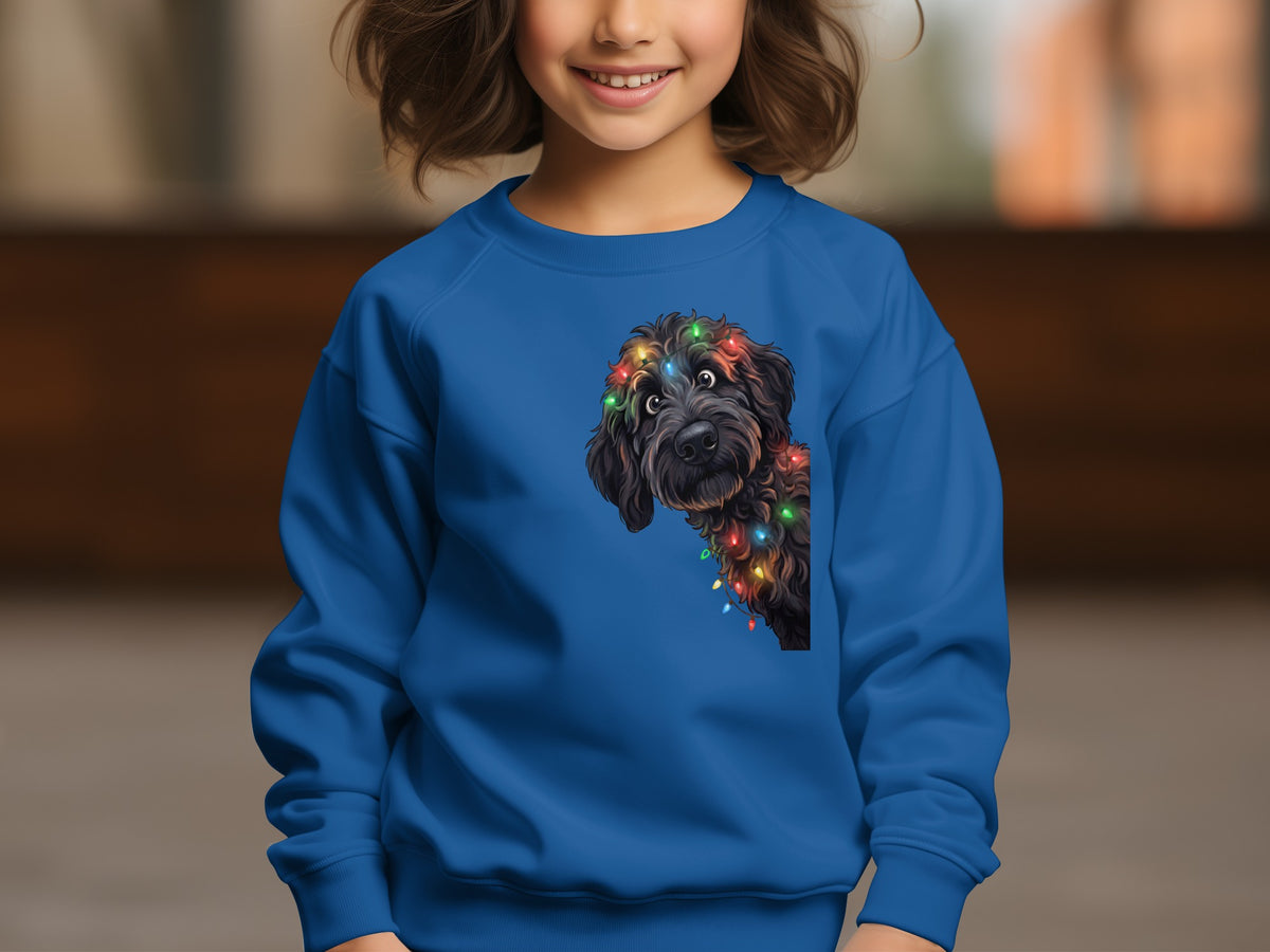 Blue sweatshirt with a black dog tangled in colorful Christmas lights graphic.