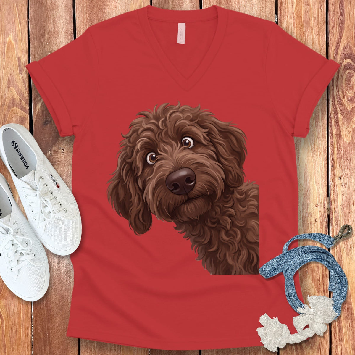 Funny Peeking Chocolate Goldendoodle V-Neck T-Shirt in Red / S by Puppy Jo
