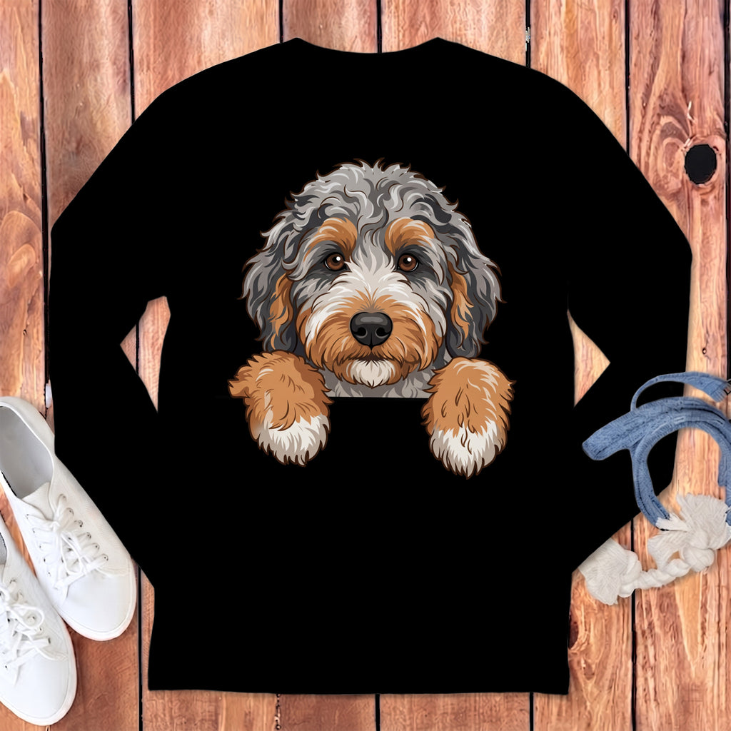 Black long-sleeve shirt featuring a cartoon doodle dog with grey and brown fur.