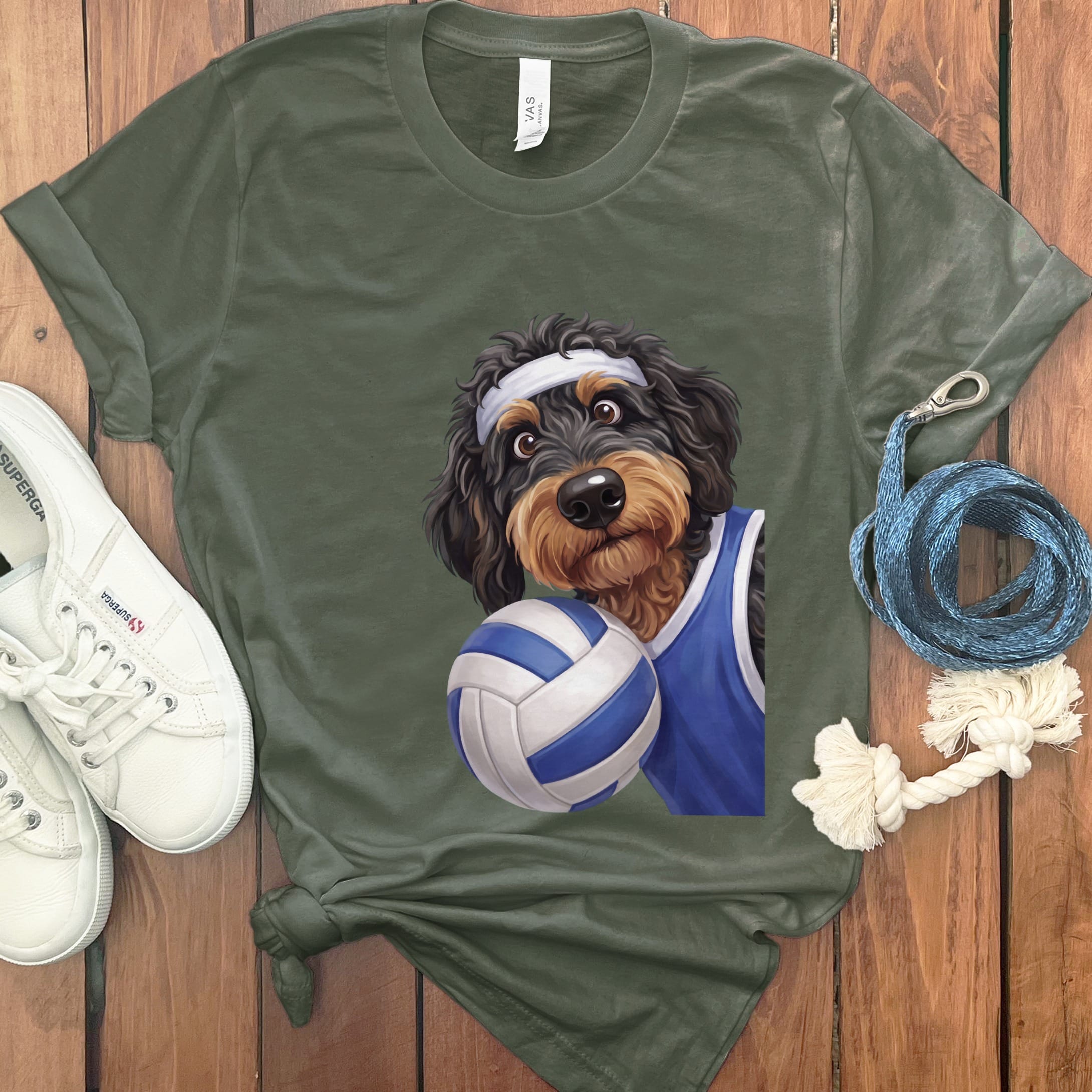 Phantom Goldendoodle Volleyball Player T-Shirt in Military Green / S by Puppy Jo