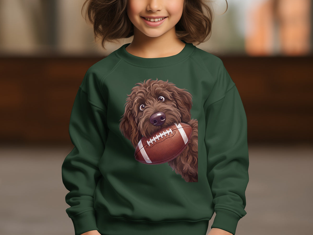Green sweatshirt on a child featuring a doodle dog holding a football.
