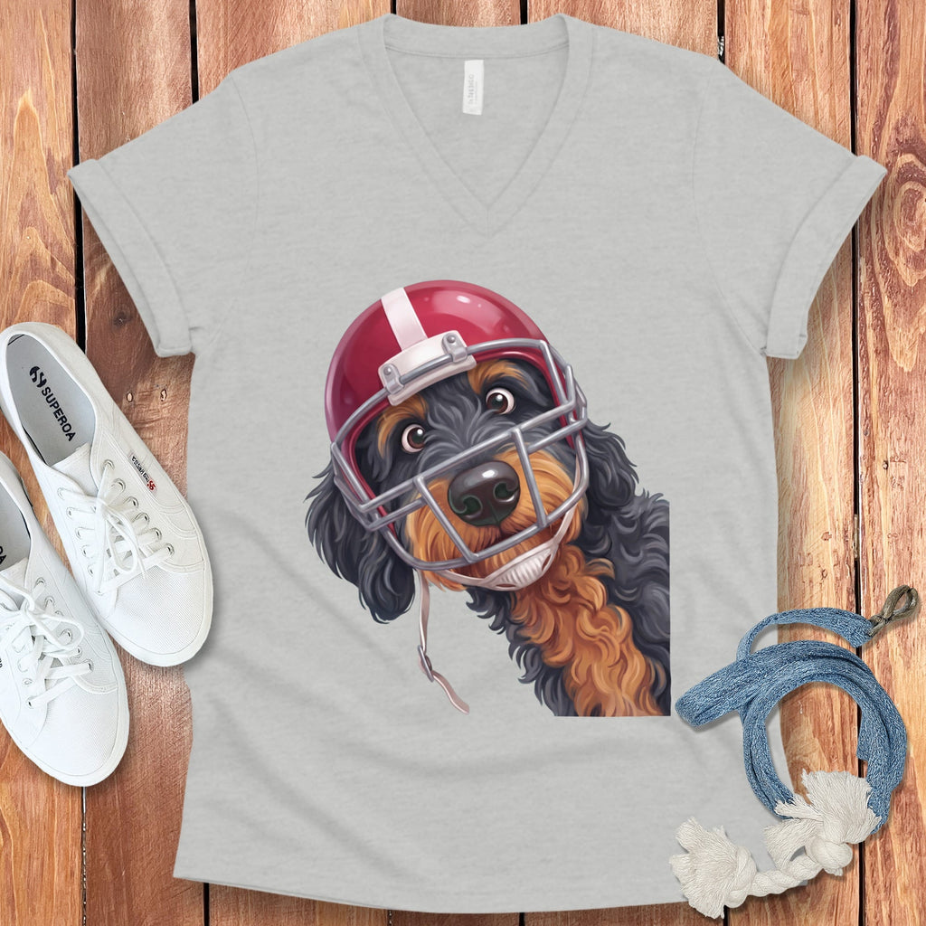 Phantom Goldendoodle Football Helmet V-Neck T-Shirt in Athletic Heather / S by Puppy Jo