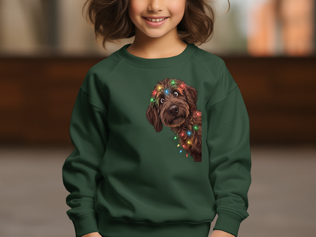 Dark green sweatshirt on a child featuring a fluffy brown dog with Christmas lights.