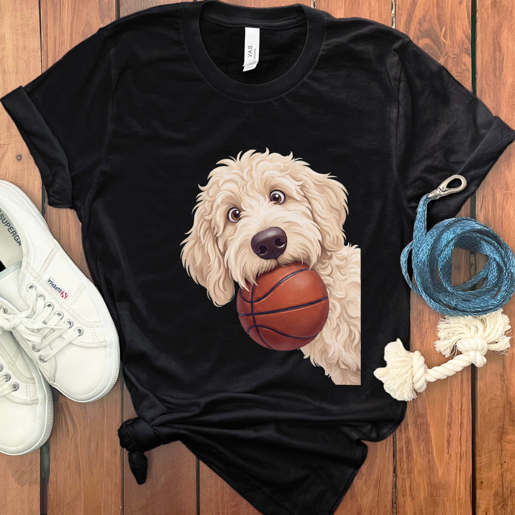Cream Goldendoodle Basketball T-Shirt in Black / S by Puppy Jo