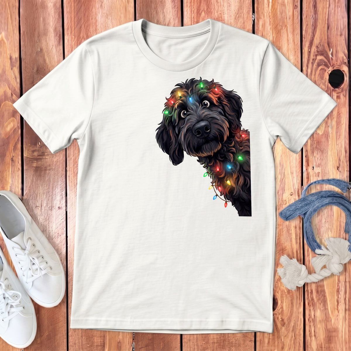 White t-shirt with a black doodle dog wearing colorful Christmas lights