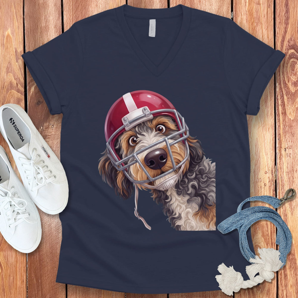 Aussiedoodle Football Helmet V-Neck T-Shirt in Navy / S by Puppy Jo