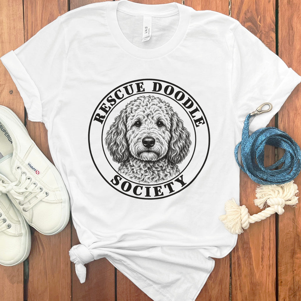 White t-shirt with "Rescue Doodle Society" and doodle dog graphic.