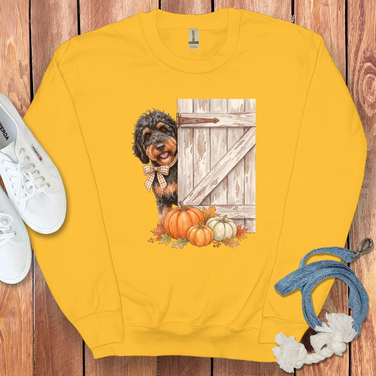 Phantom Goldendoodle Barn Peeking Sweatshirt in Gold / S by Puppy Jo