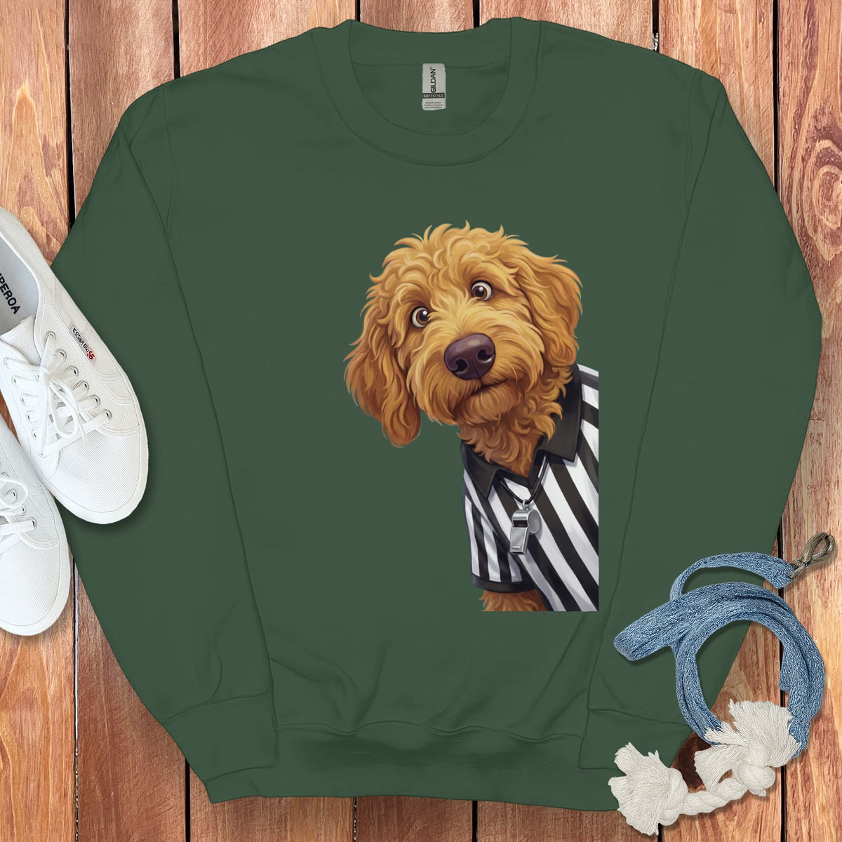 Apricot Goldendoodle Football Referee Sweatshirt in Forest Green / S by Puppy Jo