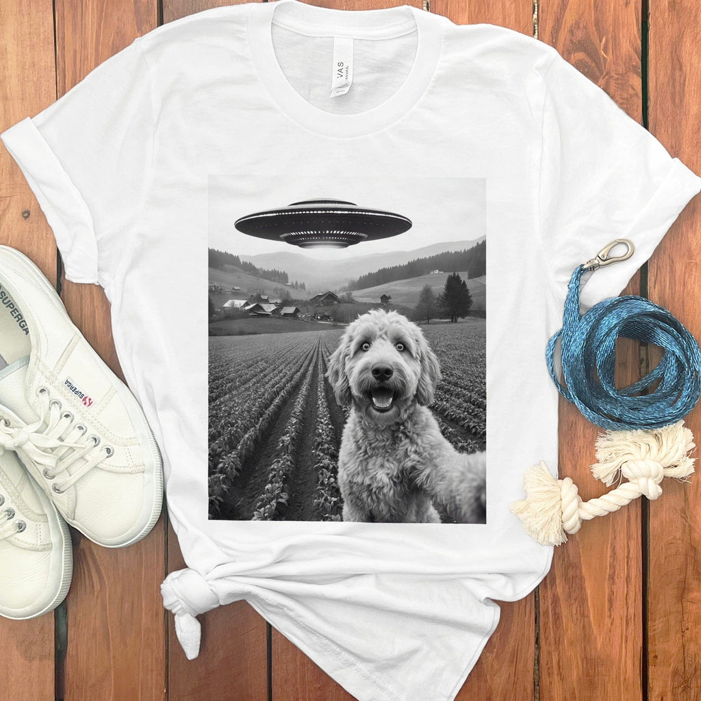 Happy Dog Selfie with UFO in Farm Fields T-shirt