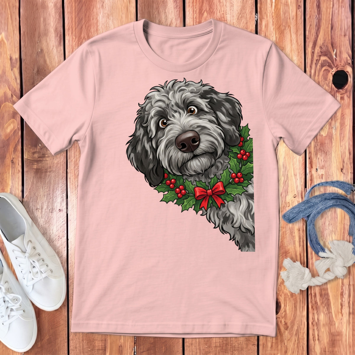 Pink t-shirt with a gray doodle dog wearing a holly wreath with a red bow.