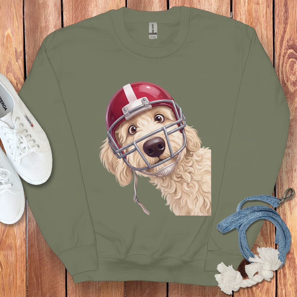 Cream Goldendoodle Football Helmet Sweatshirt in Military Green / S by Puppy Jo