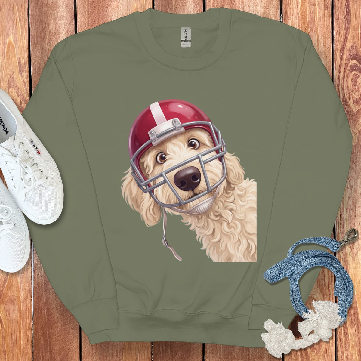 Cream Goldendoodle Football Helmet Sweatshirt in Military Green / S by Puppy Jo
