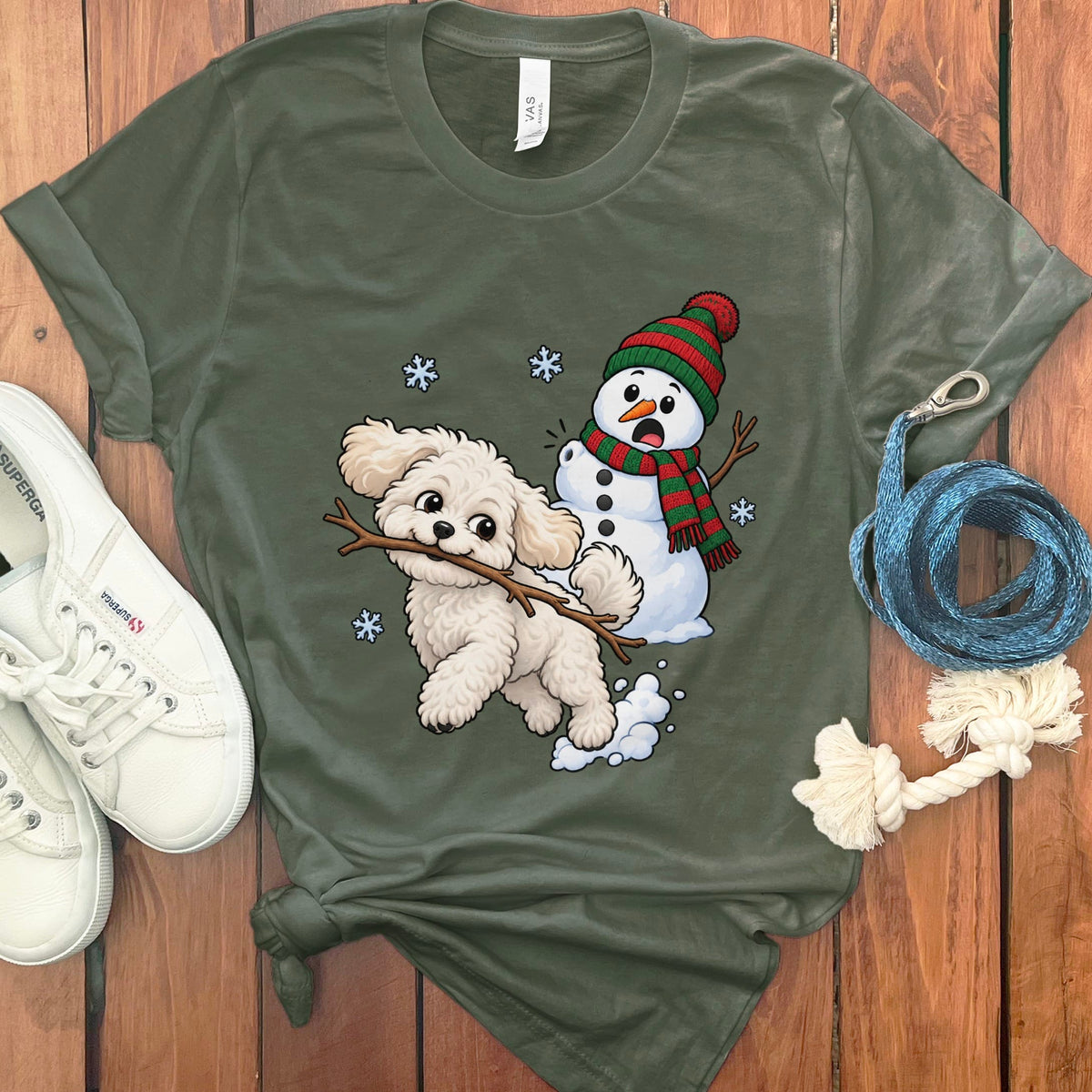 Maltipoo Snowman T-Shirt in Military Green / S by Puppy Jo