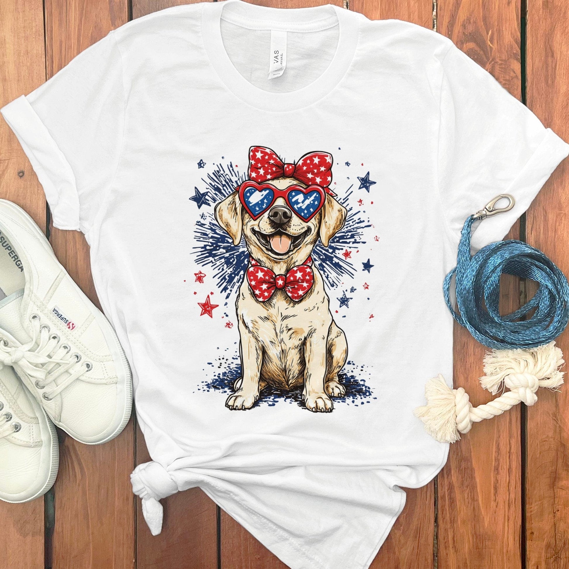 Patriotic Dog with Heart Glasses Graphic T-shirt product type