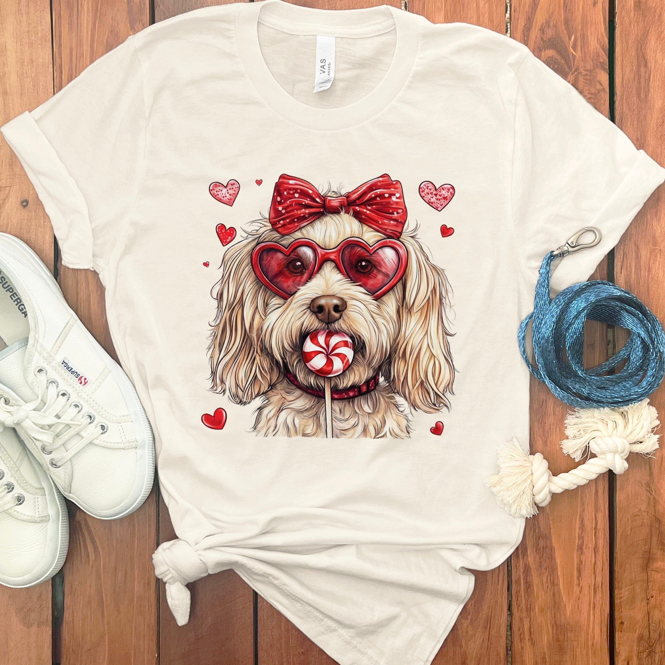 Cute Dog with Red Heart Sunglasses and Bow T-shirt