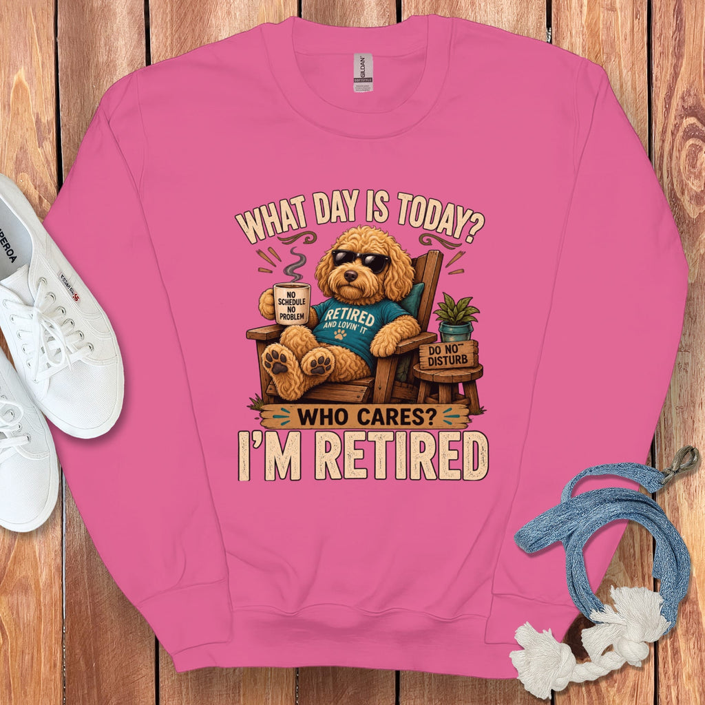 I'm Retired Golden Goldendoodle Sweatshirt in Heliconia / S by Puppy Jo