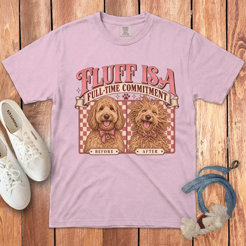 Light pink t-shirt featuring a cartoon illustration of two doodle dogs labeled before and after grooming.
