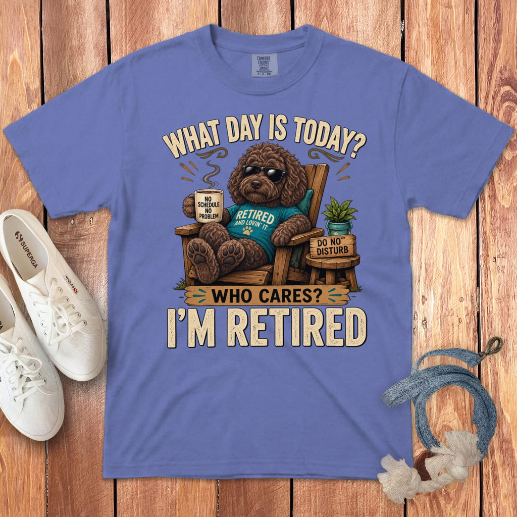 I'm Retired Chocolate Goldendoodle Signature T-Shirt in Flo Blue / S by Puppy Jo