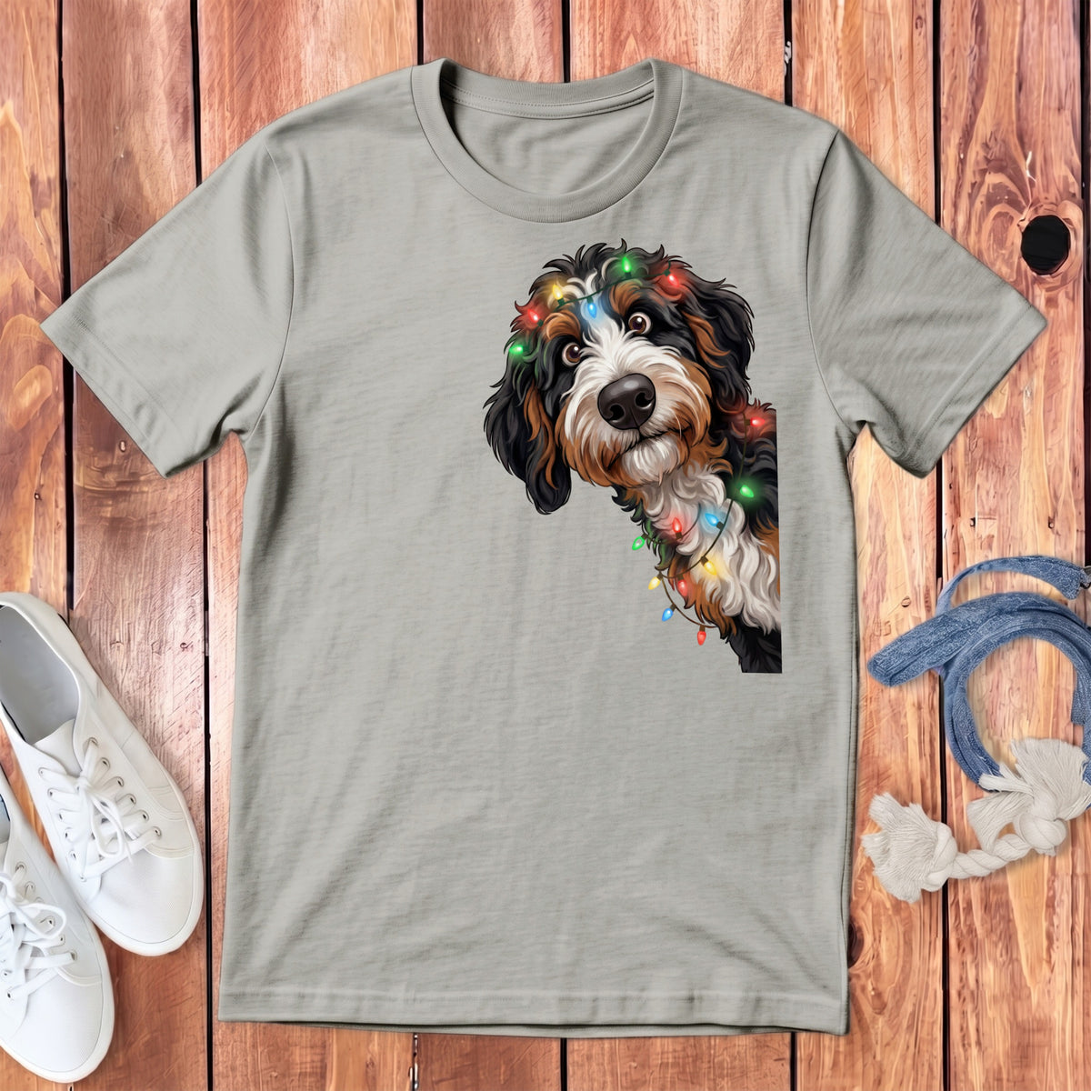 Bernese Mountain Dog wearing Christmas lights on a grey t-shirt.