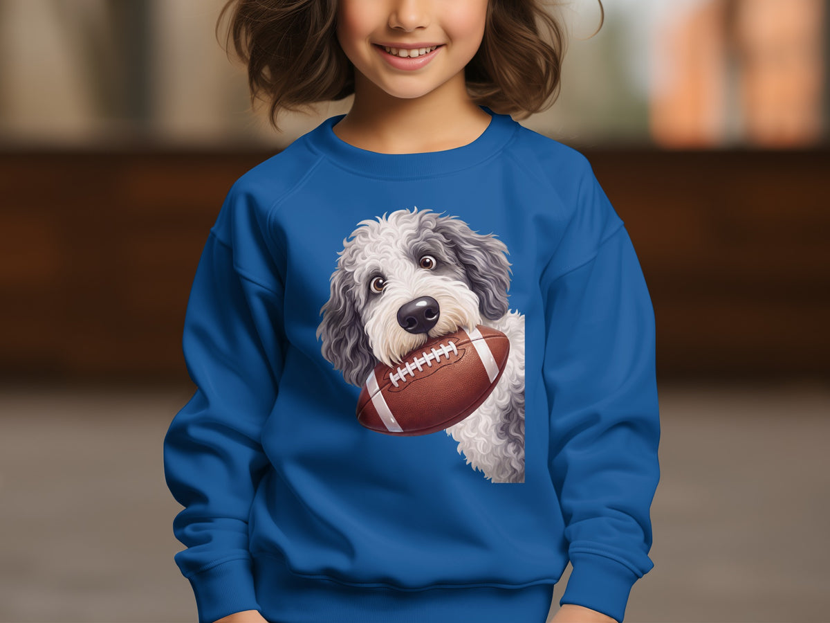 Blue sweatshirt with a white and gray dog holding a football.