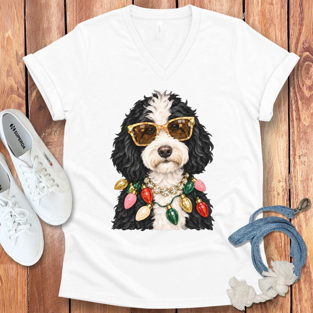 White v-neck t-shirt with a graphic of a dog wearing sunglasses and Christmas lights.