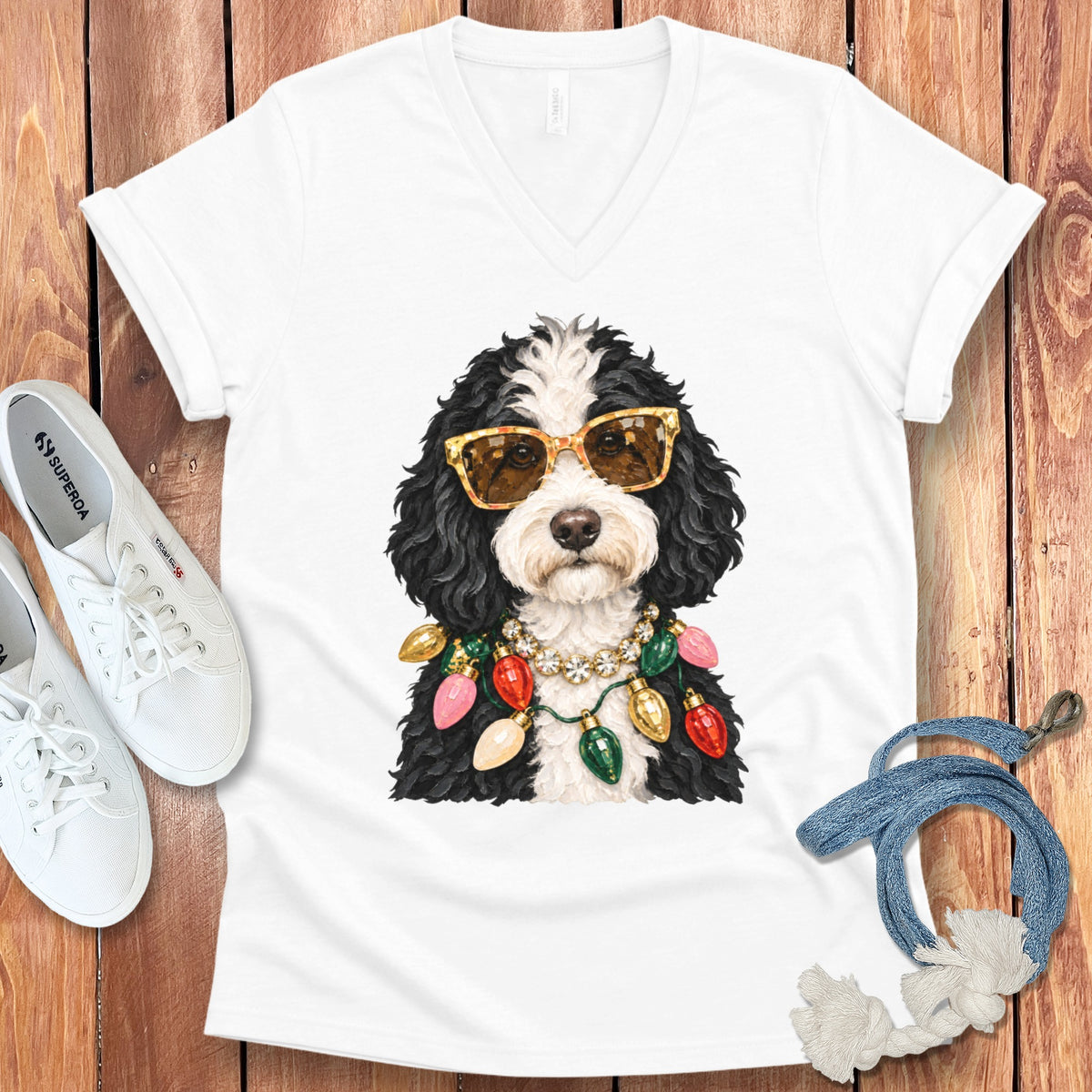 White v-neck t-shirt with a graphic of a dog wearing sunglasses and Christmas lights.