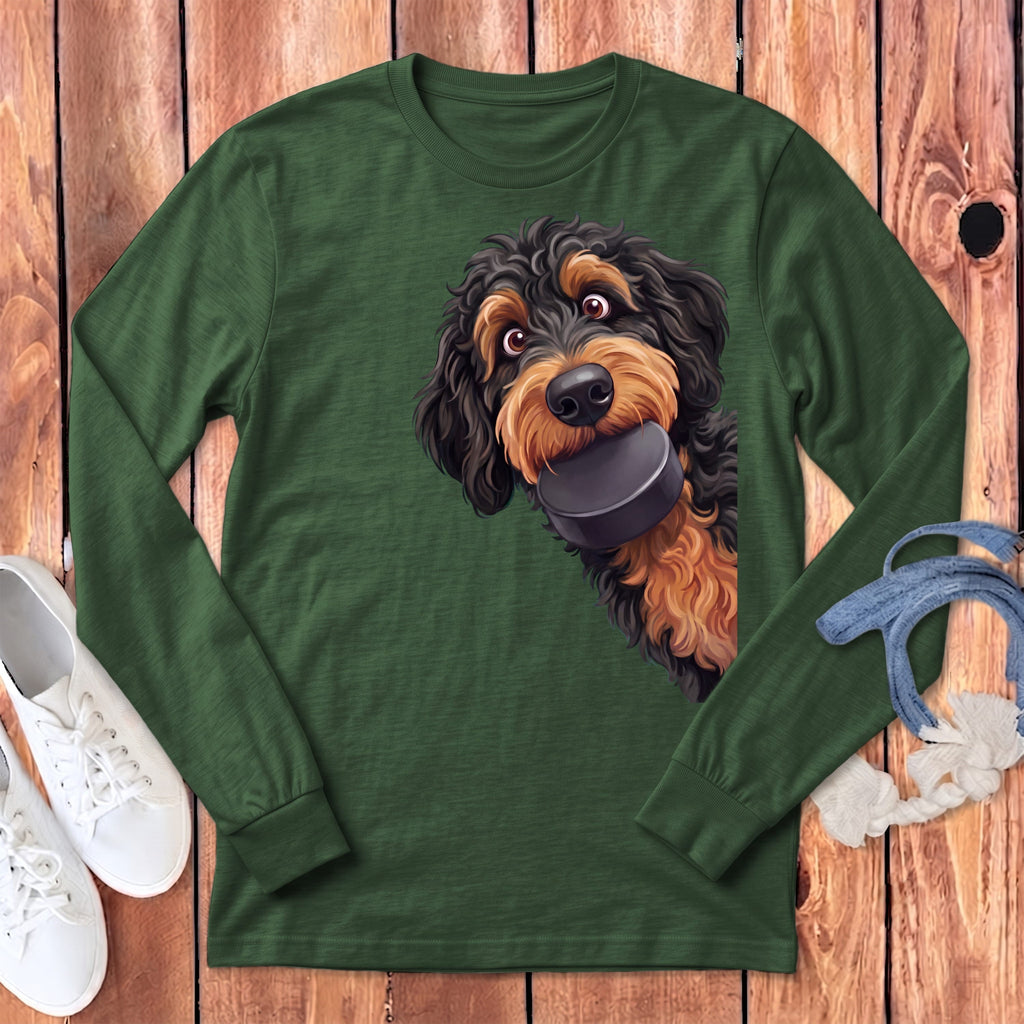 Phantom Goldendoodle Hockey Puck Long Sleeve T-Shirt in Heather Forest / S by Puppy Jo