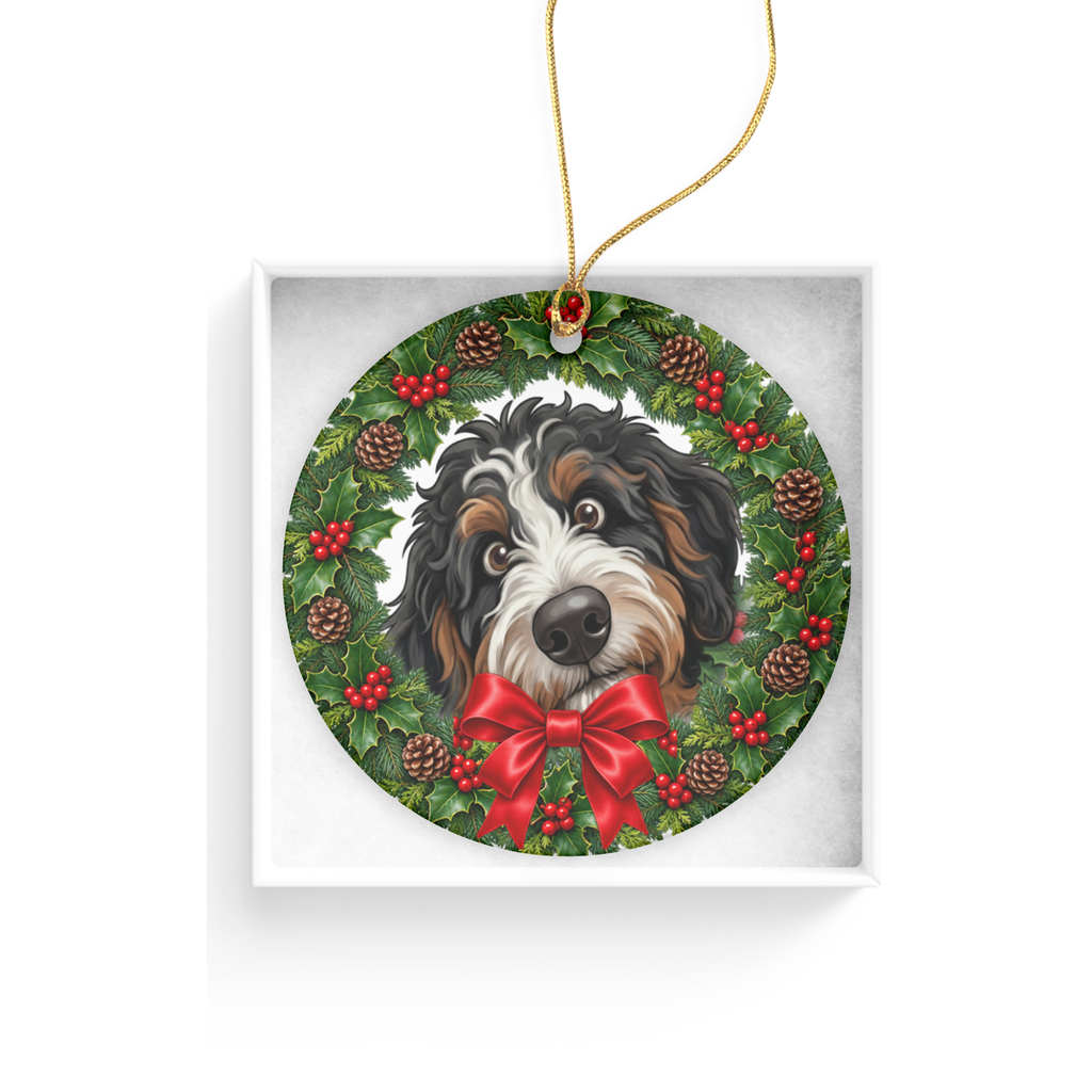 Peeking Holly Bernedoodle Ornament