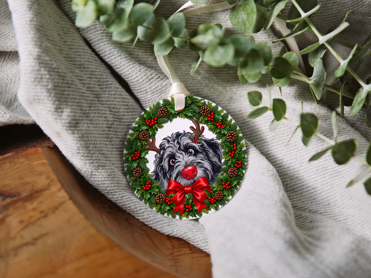 Peeking Rudolph Merle Goldendoodle Ornament