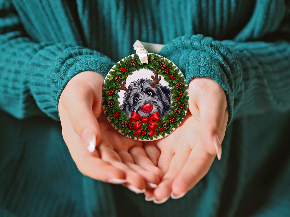 Peeking Rudolph Merle Goldendoodle Ornament