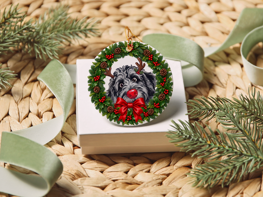 Peeking Rudolph Merle Goldendoodle Ornament