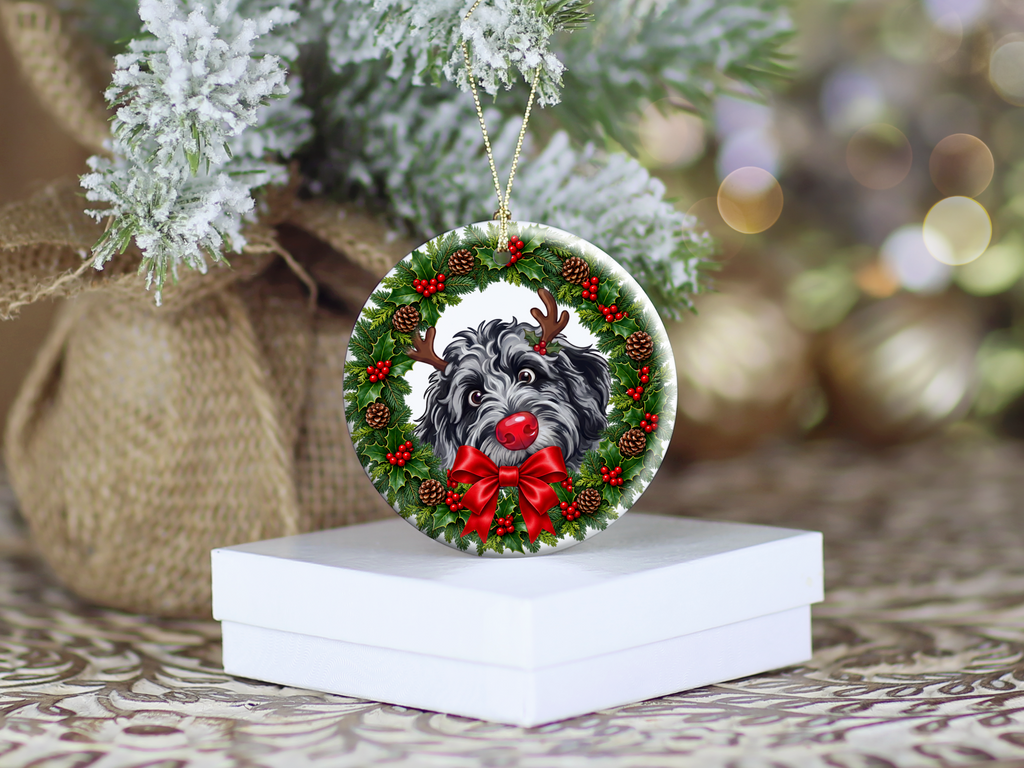 Peeking Rudolph Merle Goldendoodle Ornament