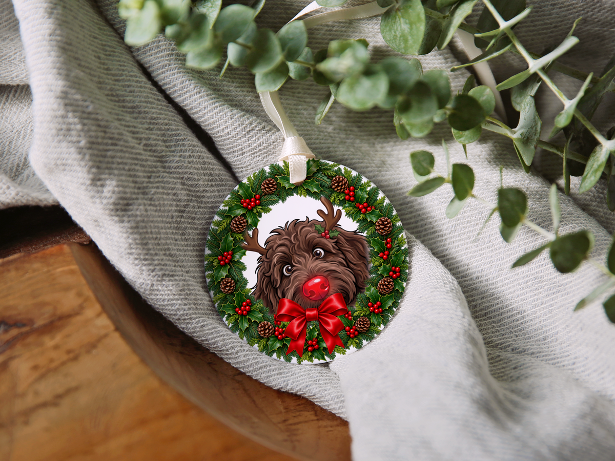 Peeking Rudolph Chocolate Goldendoodle Ornament